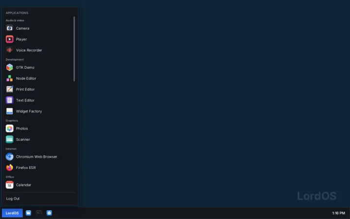 Interface alternativa do LordOS demonstrando o tema Classic com menu iniciar, barra de tarefas e aplicativos Linux em execução