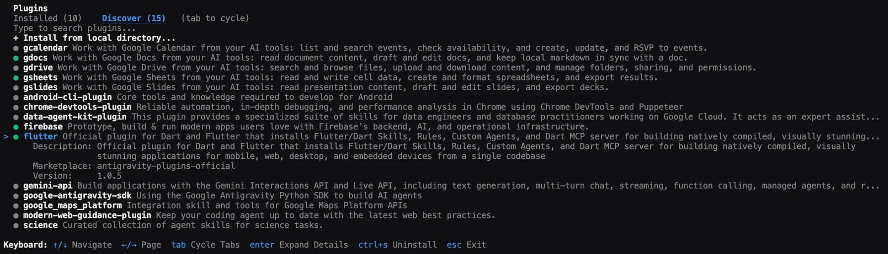 Captura de tela oficial da interface TUI do comando /plugin no Antigravity CLI exibindo a aba Discover com a lista de plugins e componentes incluídos