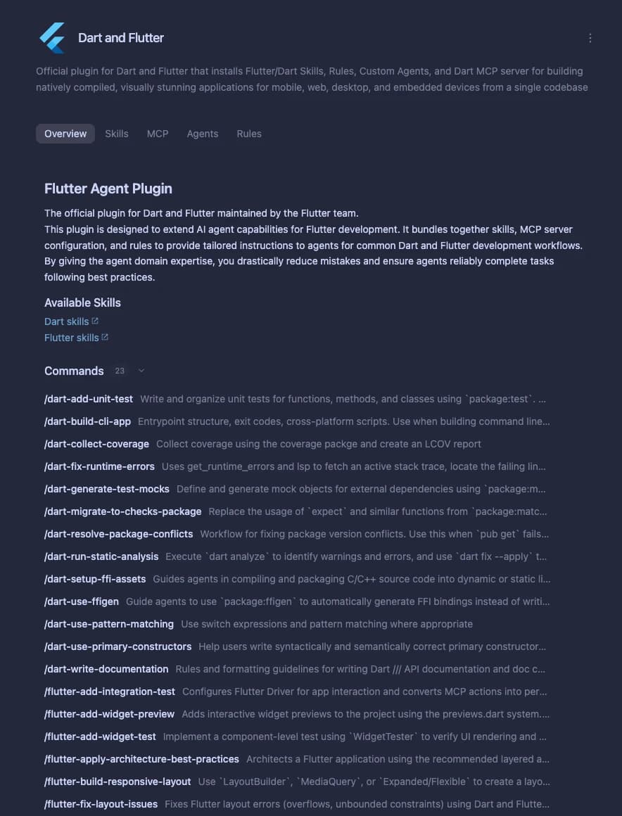 Captura de tela oficial da página de detalhes de um plugin no Google Antigravity mostrando Starter Prompts, abas Overview, Skills, MCP, Agents e Rules