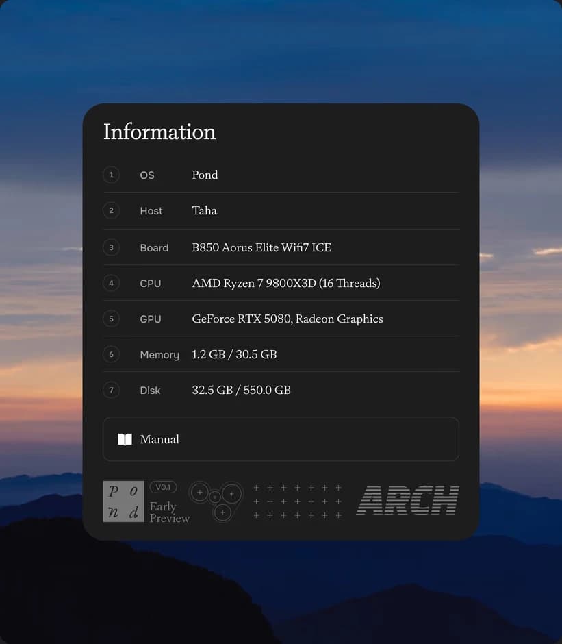Widgets da barra lateral de contexto do Pond OS exibindo informações do sistema