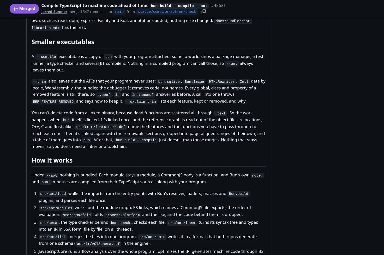 Documentação interna da arquitetura do Bun AOT detalhando os 6 estágios de compilação, desde src/aot/load até a geração de código nativo via B3 no JavaScriptCore