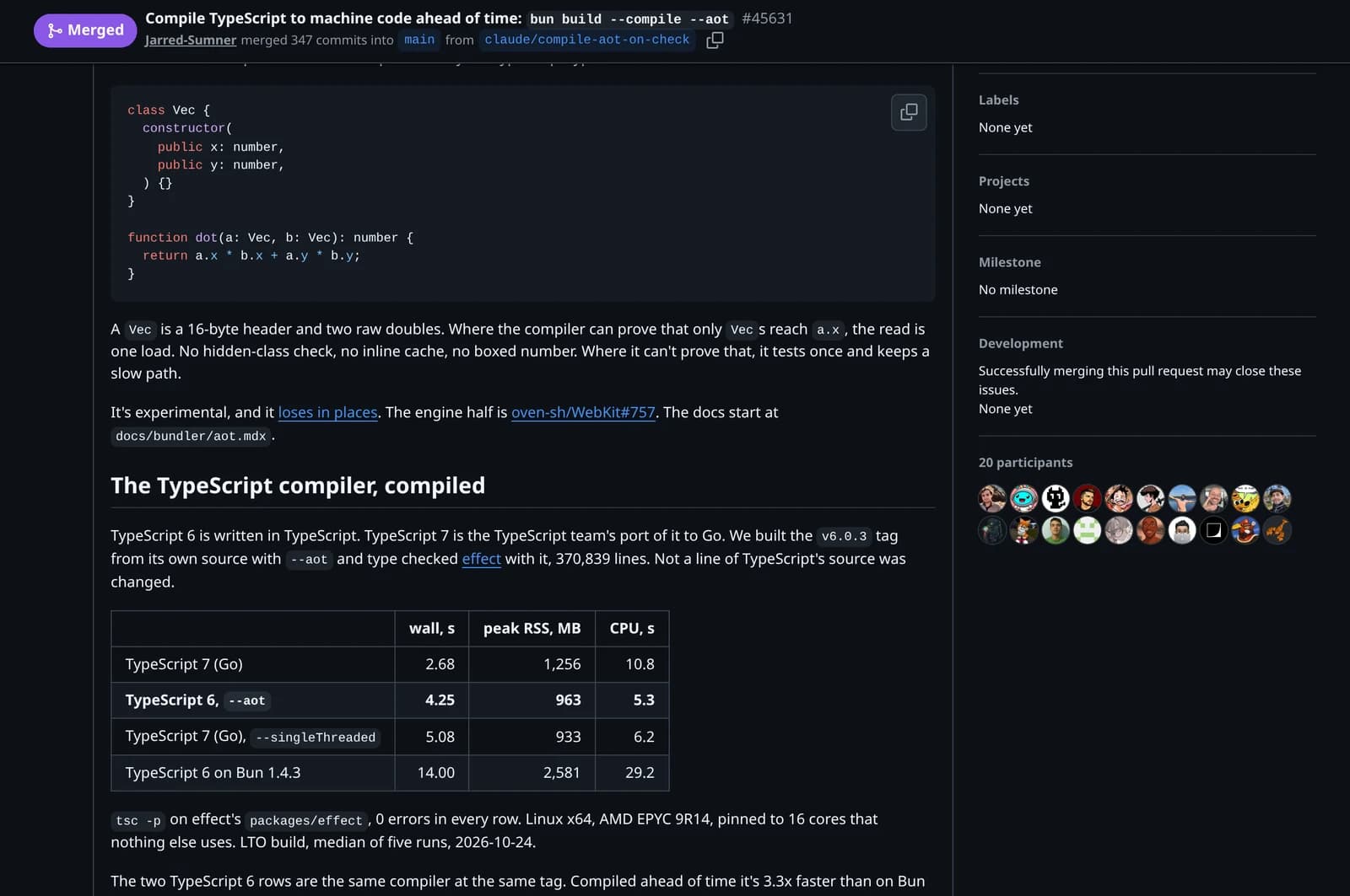Tabelas de benchmark oficiais do PR #45631 comparando o TypeScript 6 compilado com Bun AOT contra o TypeScript 7 em Go e o desempenho do Claude Code CLI