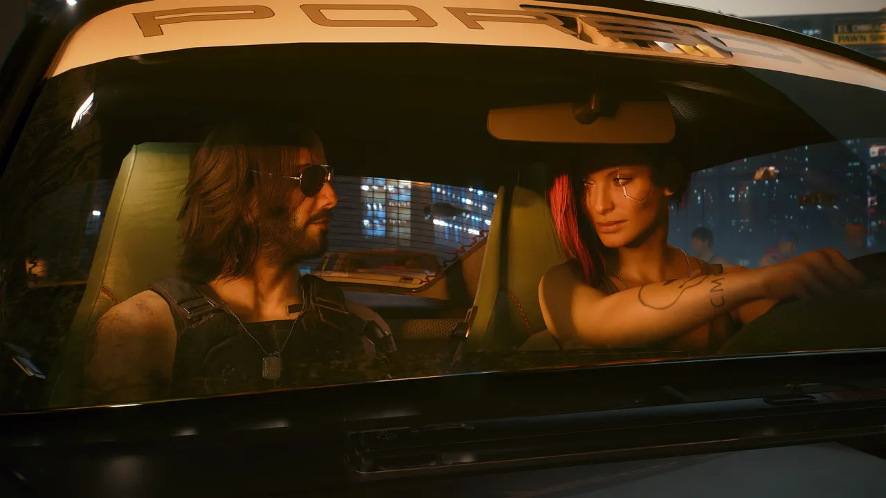 Captura de tela oficial de Cyberpunk 2077 exibindo o visual e jogabilidade do título.