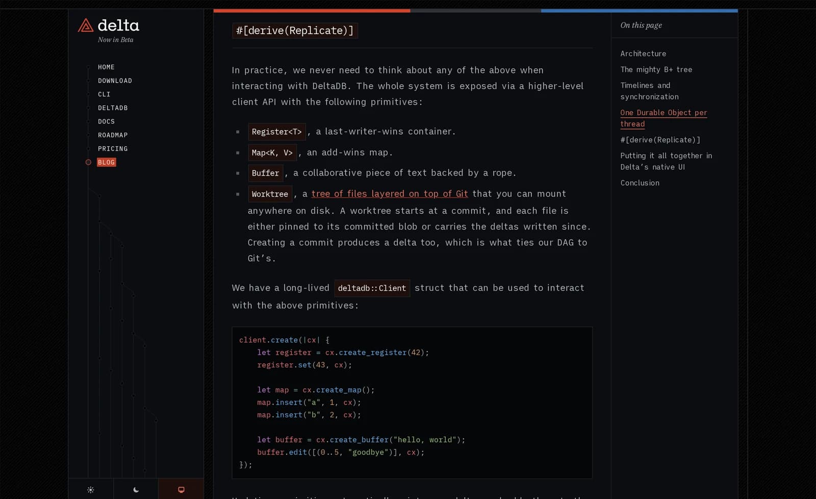 Trecho do artigo técnico mostrando a macro #[derive(Replicate)], a struct Thread e a representação interna de Snapshot com CowBTree em Rust