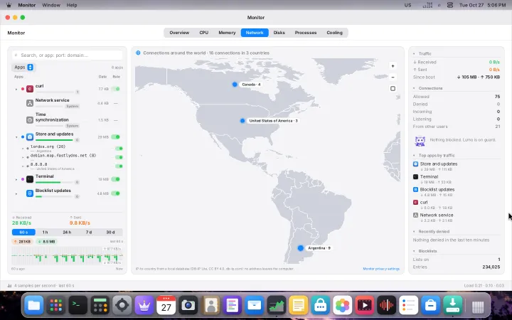 Monitor de Rede do LordOS mostrando mapa-múndi com arcos de conexões ativas por aplicativo em tempo real