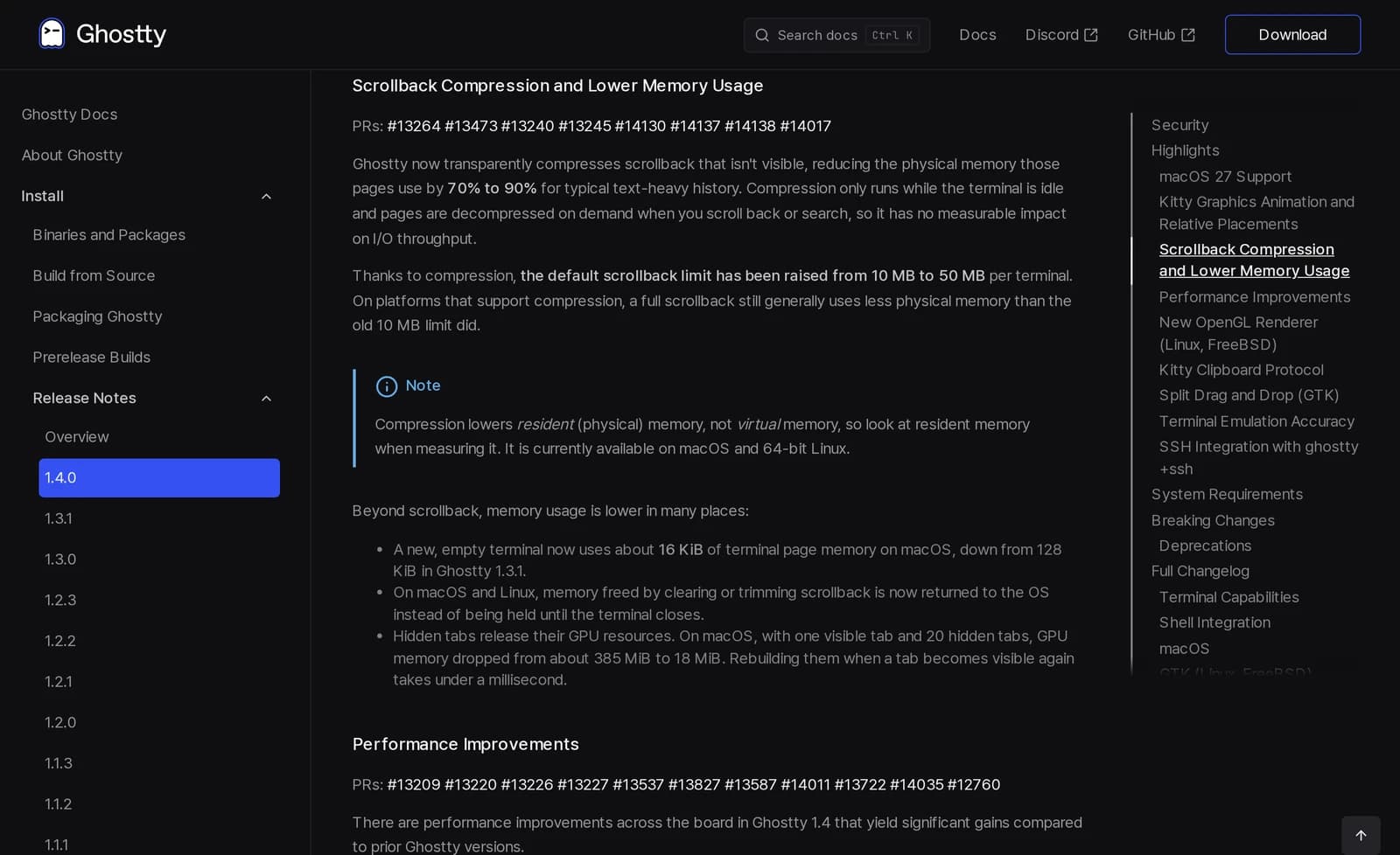 Notas de lançamento oficiais do Ghostty 1.4.0 detalhando a compressão de scrollback e a redução de memória física e de GPU