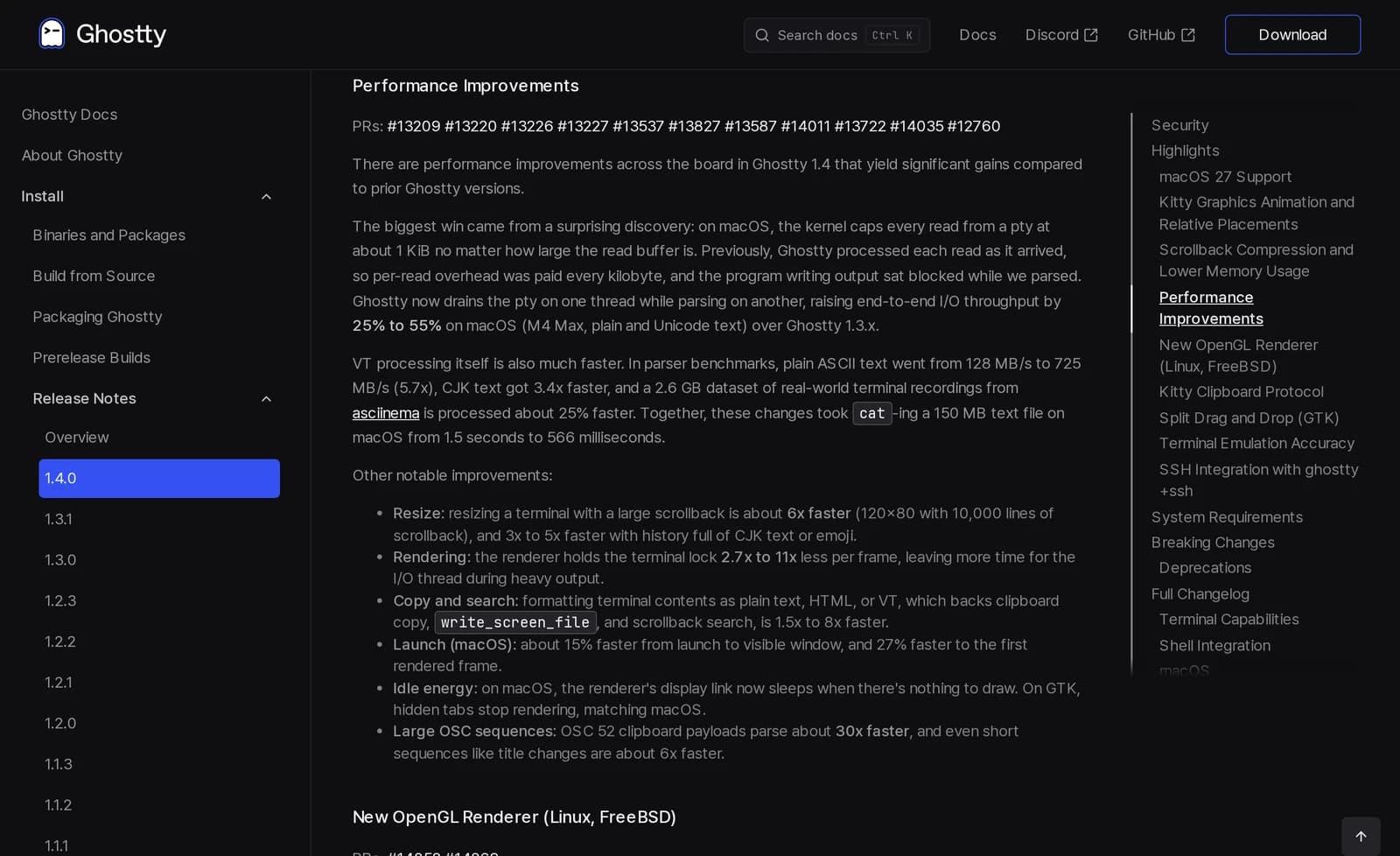 Seção de melhorias de performance e novo renderizador OpenGL nas notas oficiais do Ghostty 1.4.0
