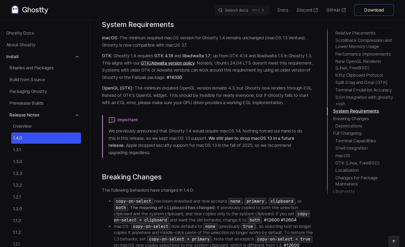 Seção de requisitos de sistema das notas de lançamento do Ghostty 1.4.0 explicando a exigência de GTK 4.18 e libadwaita 1.7