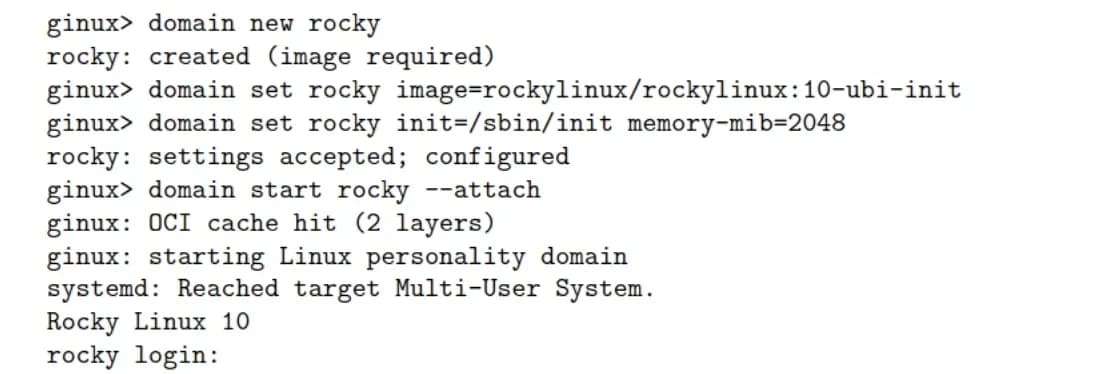 Terminal exibindo o kernel Ginux inicializando o Rocky Linux 10 com systemd até o prompt de login