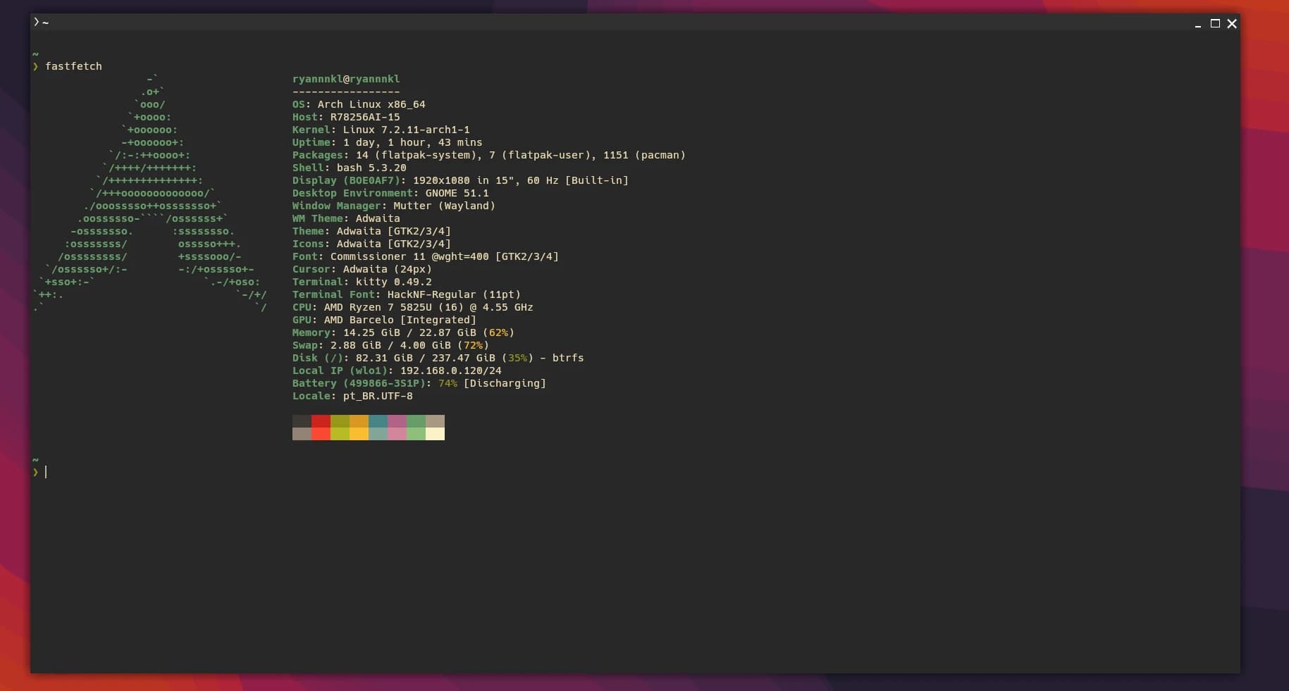 Captura de tela do terminal Kitty no Arch Linux com ambiente GNOME, exibindo o comando fastfetch.