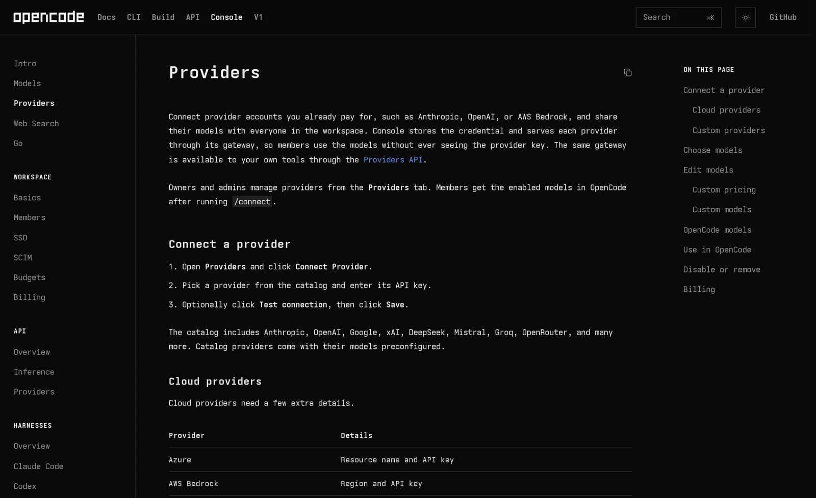 Captura de tela da documentação oficial de Providers do OpenCode Console mostrando como compartilhar chaves BYOK da Anthropic, OpenAI e AWS Bedrock sem expor credenciais aos membros