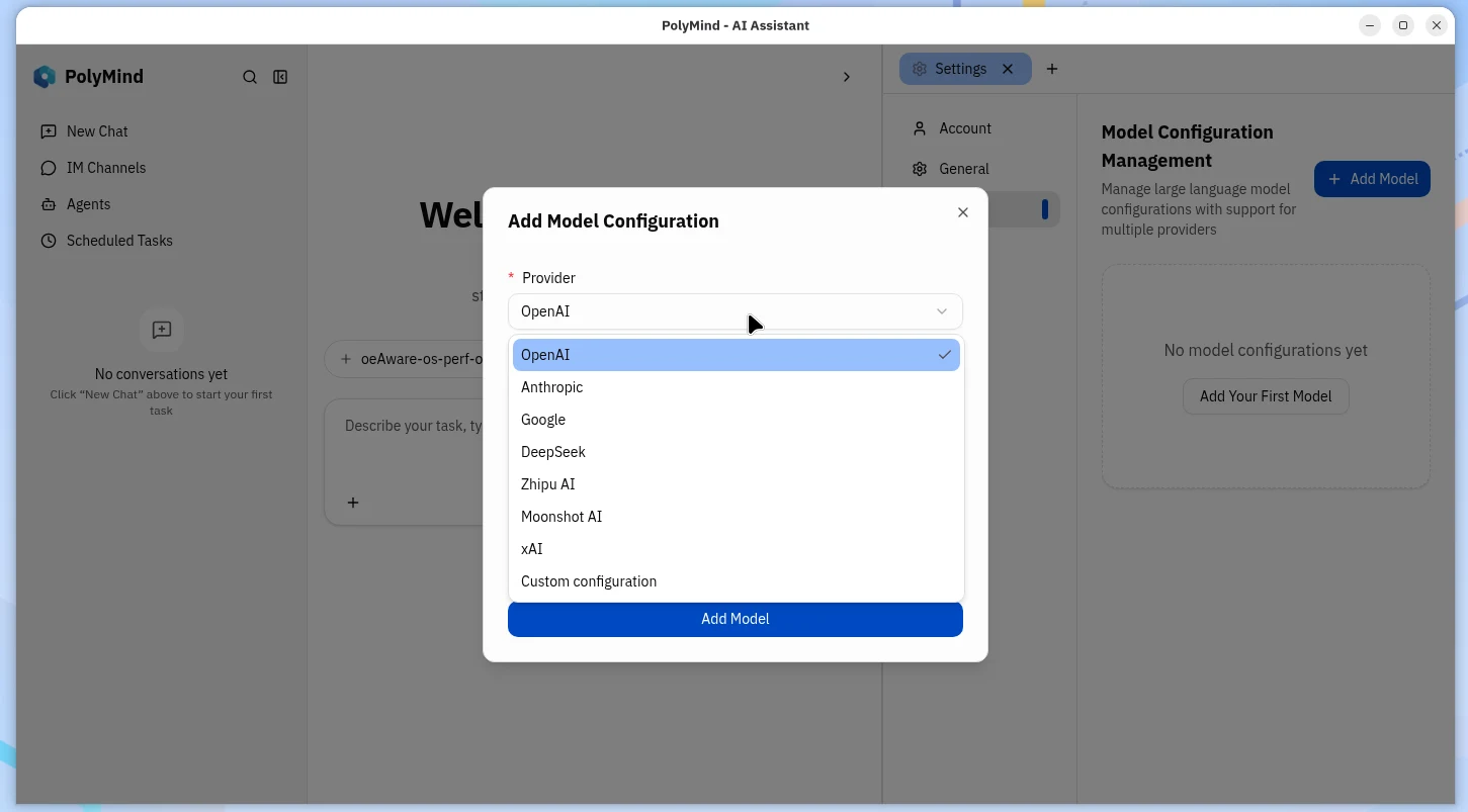 Interface da plataforma auto-hospedada PolyMind rodando no openEuler conectada ao serviço agentd