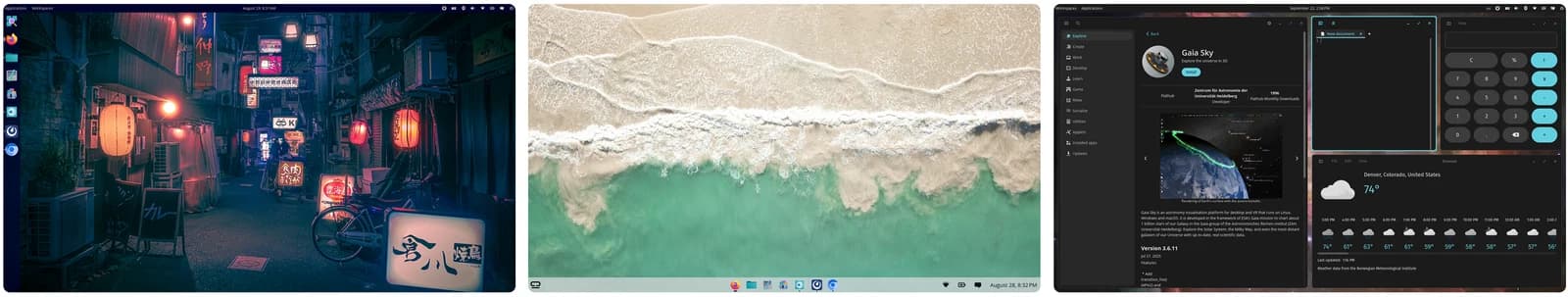 Capturas de tela oficiais do ambiente gráfico COSMIC Desktop no Pop!_OS 24.04 LTS mostrando tiling automático e personalização
