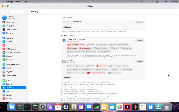 Tela de configurações de privacidade e rede do LordOS exibindo regras por aplicativo