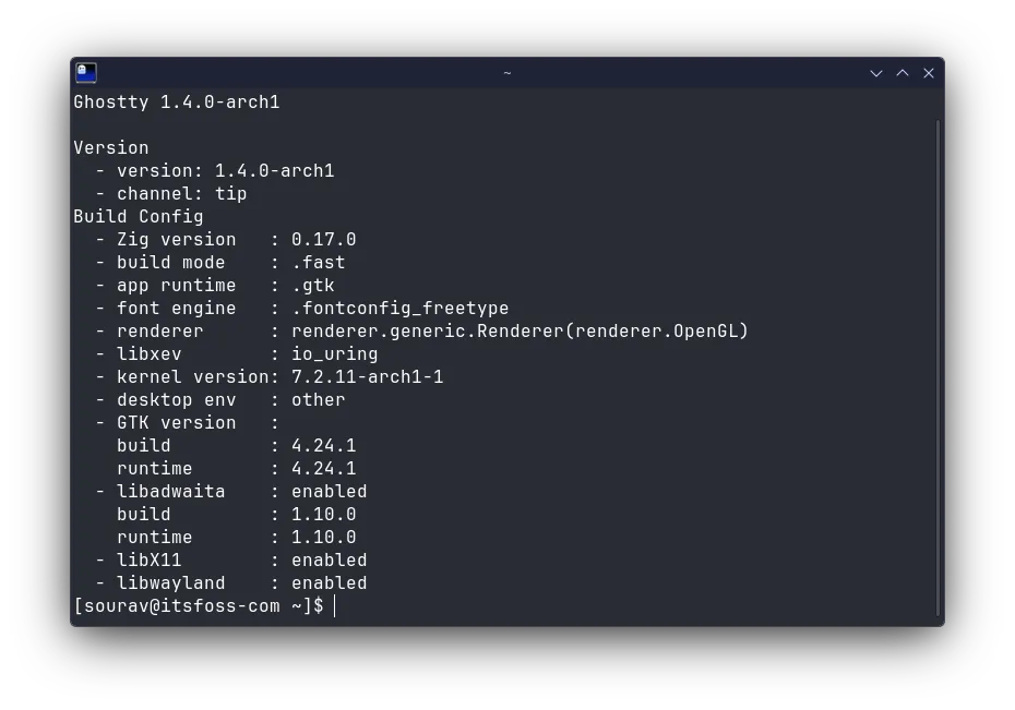 Demonstração oficial do Ghostty 1.4 no Linux exibindo reorganização de painéis (Split Drag and Drop) no GTK
