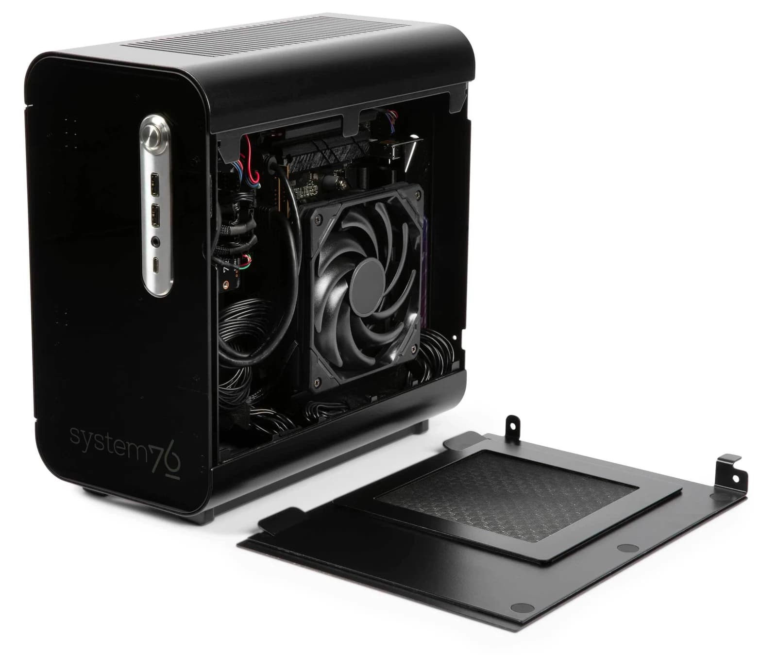 Vista interna do novo System76 Thelio Prime aberto mostrando o acesso magnético sem ferramentas e a divisão das câmaras térmicas