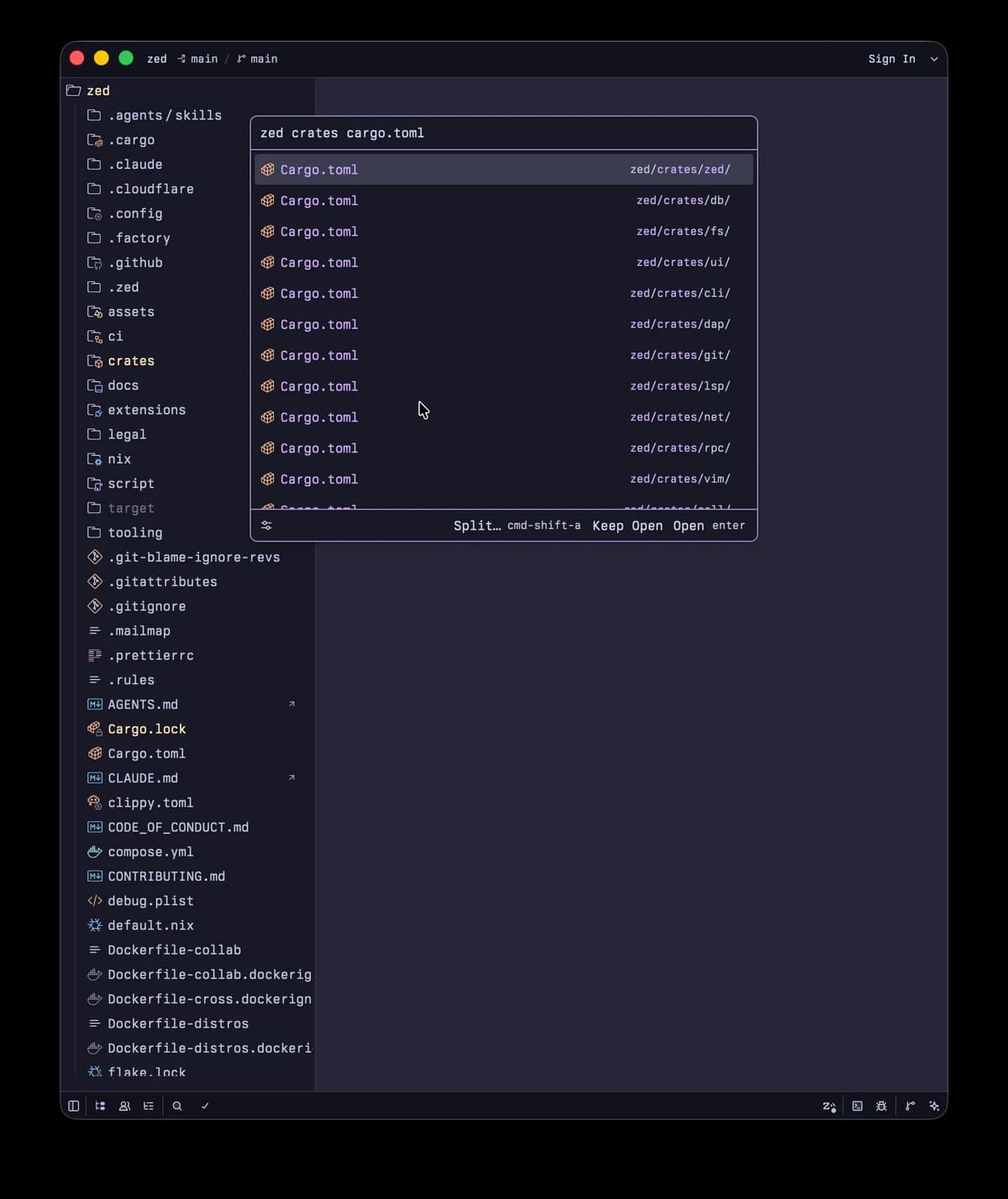 Comparação do File Finder do Zed 1.26 priorizando arquivos com correspondências no diretório e no nome do arquivo