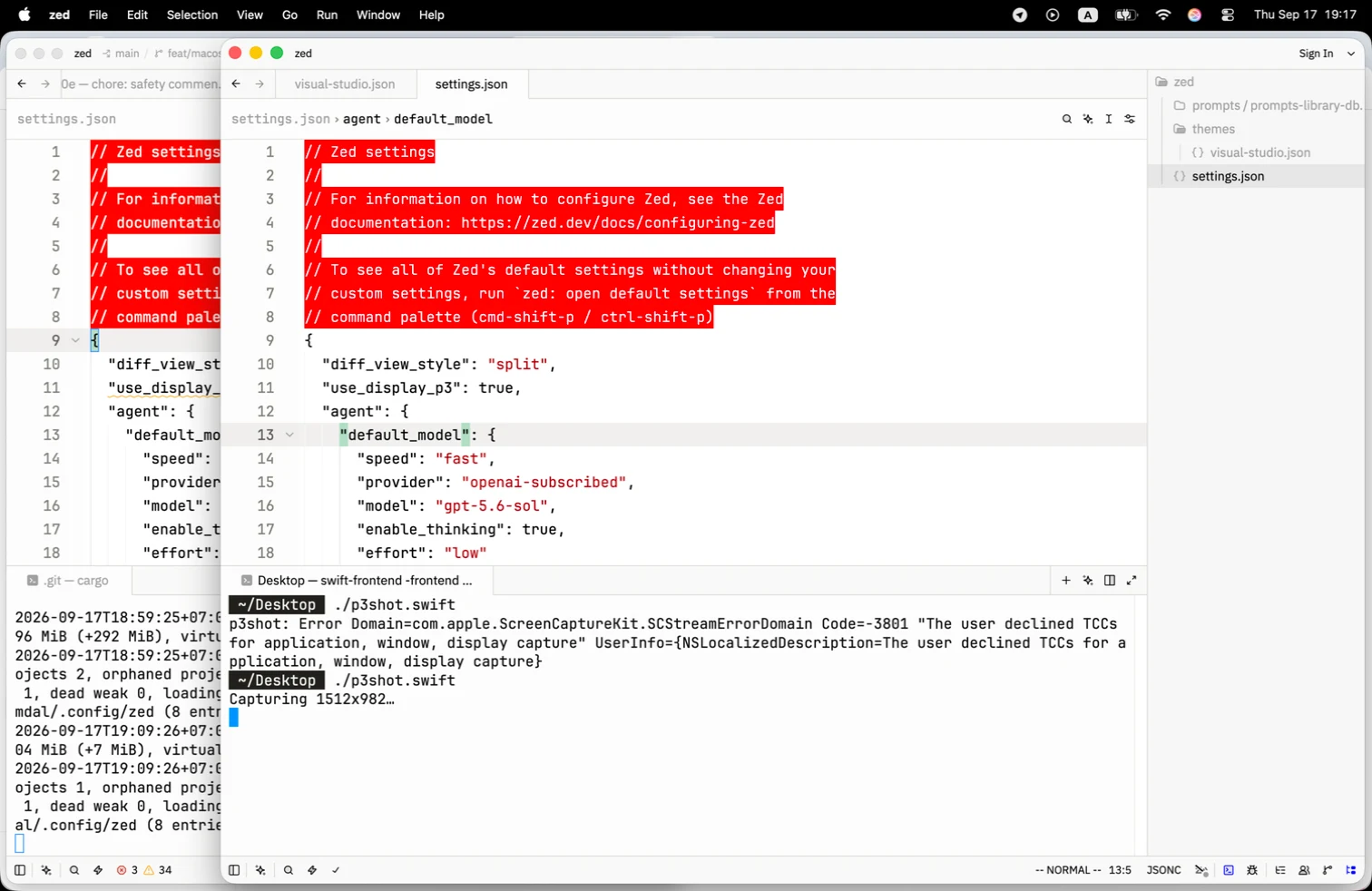 Tela de configurações do Zed 1.26 exibindo a nova opção Display P3 para o renderizador Metal no macOS