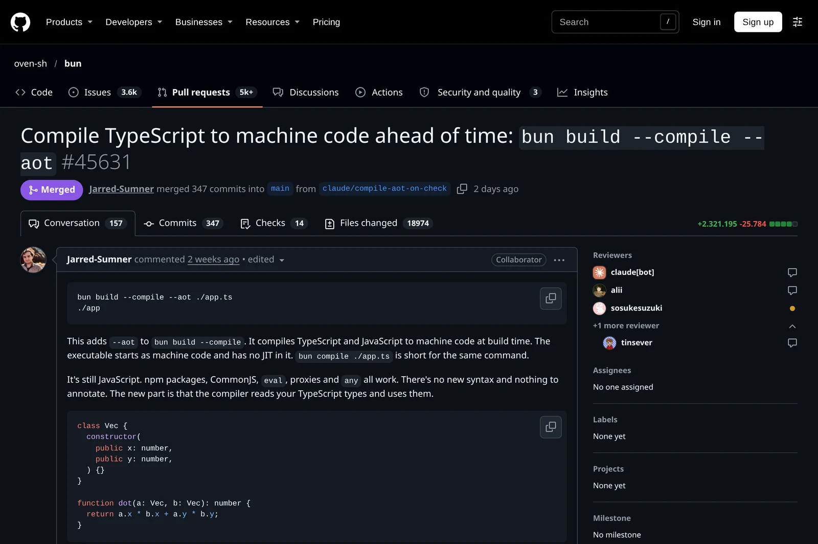Pull Request #45631 integrado ao repositório oficial oven-sh/bun introduzindo a compilação Ahead-of-Time (bun build --compile --aot) de TypeScript para código de máquina.