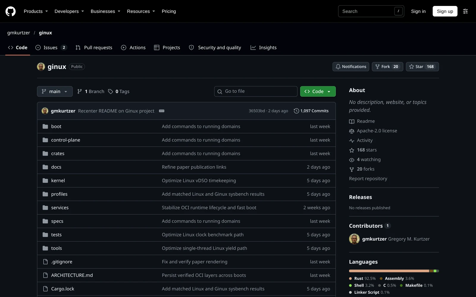 Repositório oficial do kernel Ginux no GitHub detalhando sua arquitetura Rust x86-64 e suporte a userspace Linux.