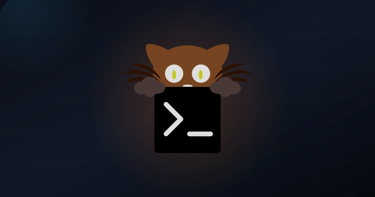 Logotipo mascote do Kitty, um gato marrom saindo de uma janela de terminal preta com o prompt de comando.