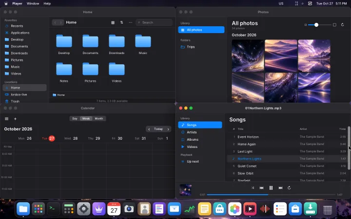 Visão geral do desktop do LordOS em modo escuro com dock, janelas nativas e design minimalista