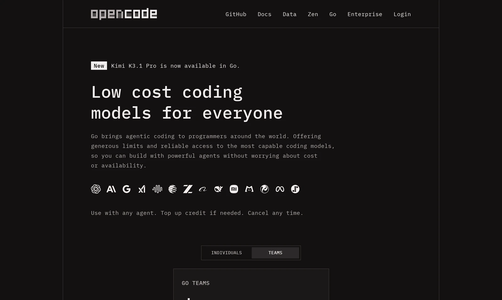Página oficial do OpenCode Go Teams exibindo os planos Go, Go Plus e Go Teams para agentes de código.